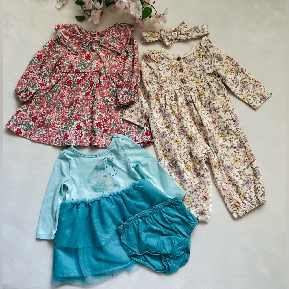 Set of 3 Baby Girl Outfits • 2 Dresses • 1 Romper • Size 12 months • Cute floral